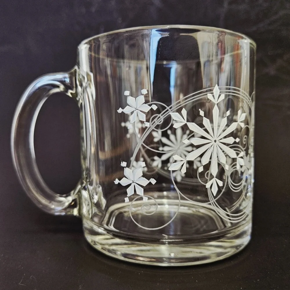 Crate & Barrel Clear Glass White Snowflake Winter Christmas Coffee Mugs USA set